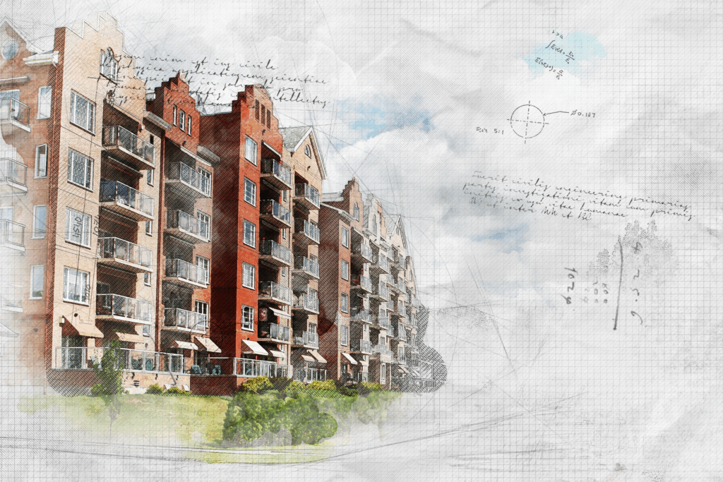 Arkitektonisk illustration av flerbostadshus med balkonger och fasadritning i bakgrunden, använd som visuellt stöd för planering av inglasningar i BRF.